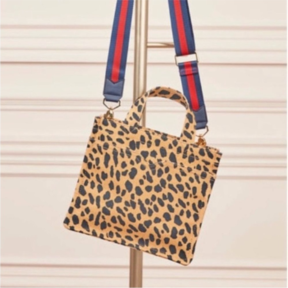 Leopard Print Tote Bag with Blue and Red Strap